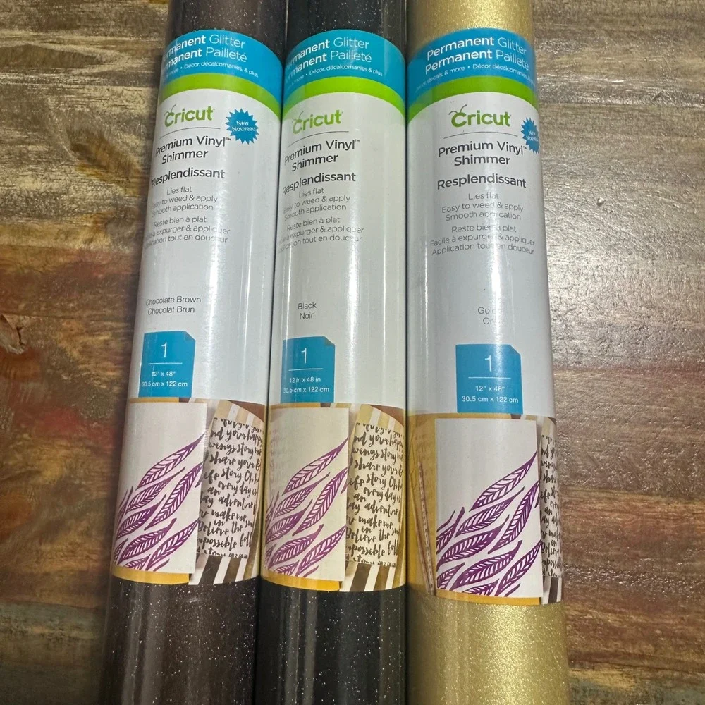 Cricut Premium Vinyl Shimmer Permanent Glitter 12x48 Black Brown Gold 3 Rolls